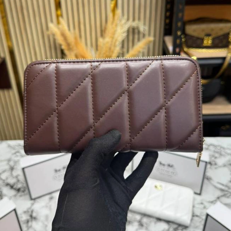 Accordion Pillow Quilted Zipper Brown Wallet