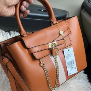 Designer-inspired Hamilton Legacy Stripe Belted Satchel Brown Bag