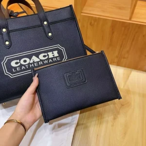 High End Field 30 Leatherware Tote Black Handbag Pouch Combo