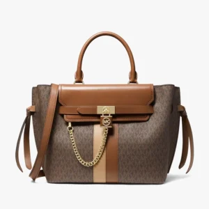 High End Hamilton Legacy Large Logo Stripe Belted Satchel Coffee Brown Bag
