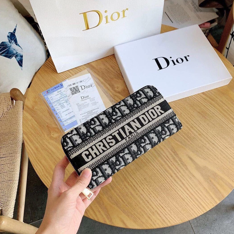 Premium Imported Oblique Jacquard Long Zipped Beige Black Wallet