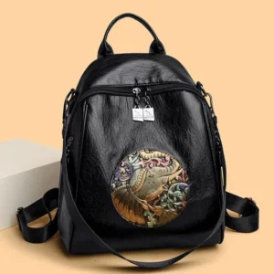 Stylish Black Backpack with Elephant Embossed Print Design