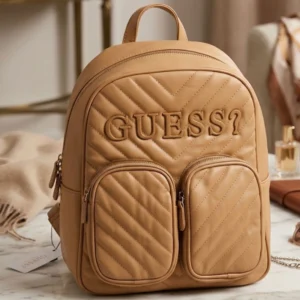 Designer-inspired Embossed Logo Quilted Twin Pocket Tan Backpack