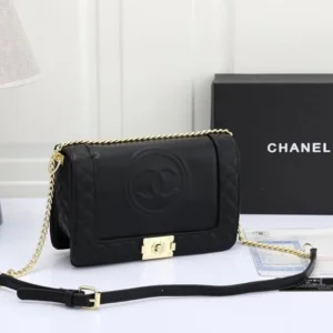High End CC Embossed Leather Chain Sling Black Bag