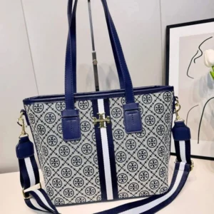High End Double T Monogram Signature Zip Tote Grey Blue Bag