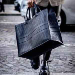 High End Oblique Embossed Calfskin Book Tote Black Hand Bag