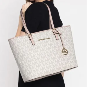 Premium Imported Jet Set Travel Medium Logo Top-Zip Tote White Pink Bag