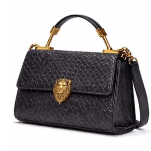 Woven Leather Satchel Black Handbag With Gold Lion Head Clasp