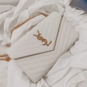 Designer-inspired Cassandre Matelassé Textured-leather Chain White Wallet