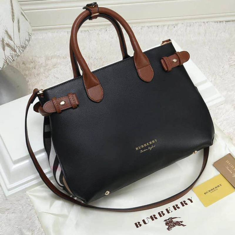 Designer-inspired Medium Banner Tote Black Brown Bag