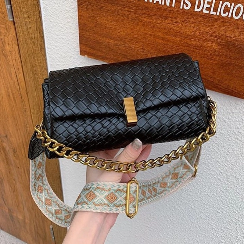 High End Woven Leather Sling Black Bag With Patterned Strap