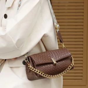 High End Woven Leather Sling Brown Bag With Patterned Strap