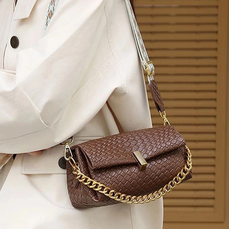 High End Woven Leather Sling Brown Bag With Patterned Strap