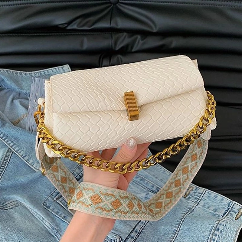 High End Woven Leather Sling White Bag With Patterned Strap