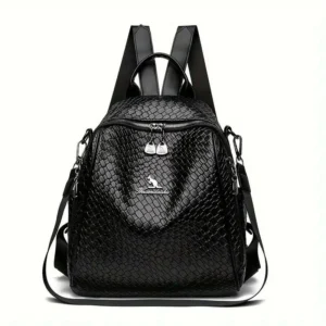 High End Woven Texture Leather Black Backpack For Ladies