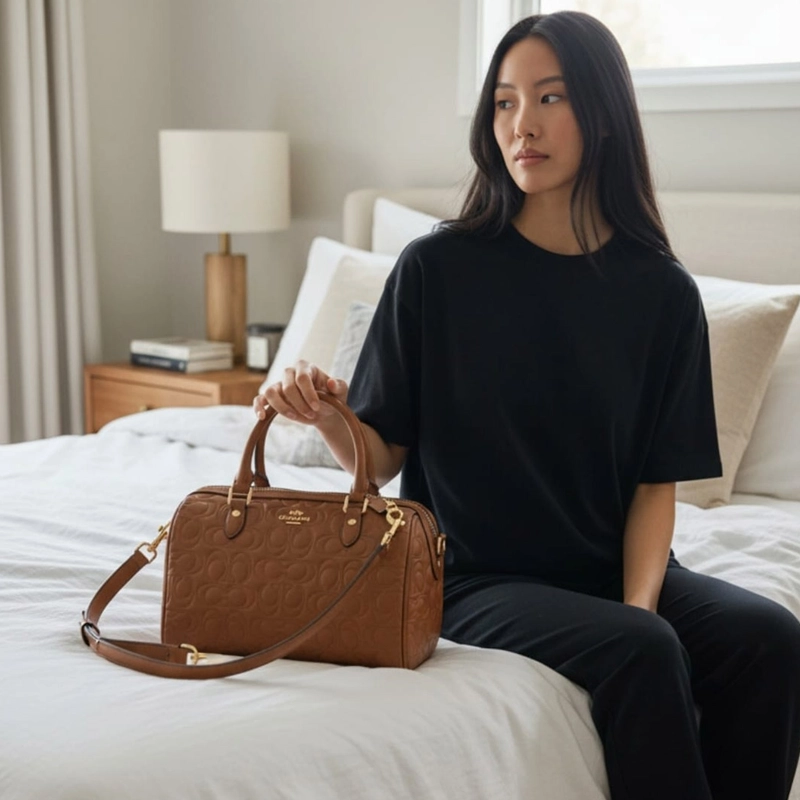 Premium Imported Rowan CC Embossed Signature Satchel Brown Handbag