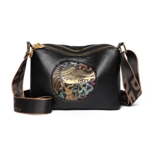 High End Elephant Embossed 3 Zipper Compartment Sling Black Bag