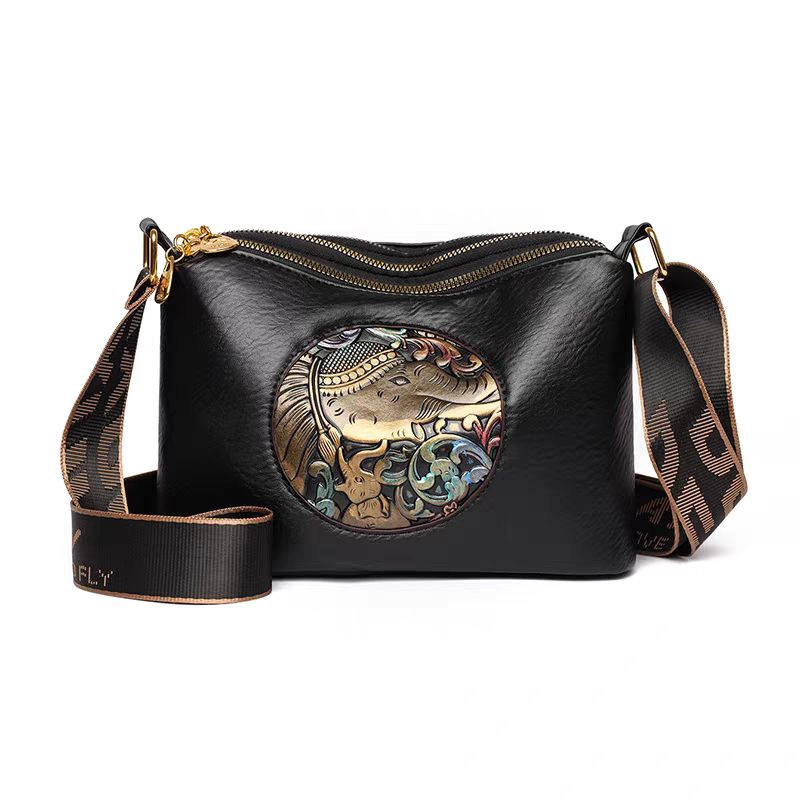 High End Elephant Embossed 3 Zipper Compartment Sling Black Bag