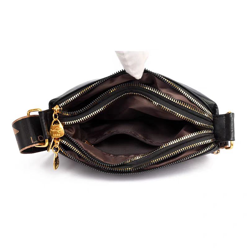 High End Elephant Embossed 3 Zipper Compartment Sling Black Handbag