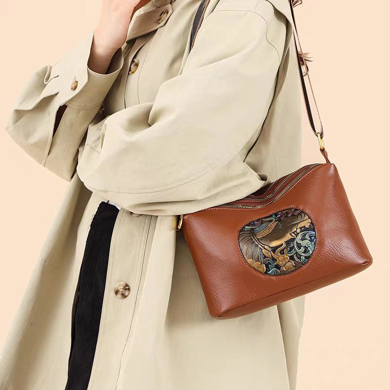 High End Elephant Embossed 3 Zipper Compartment Sling Brown Bag
