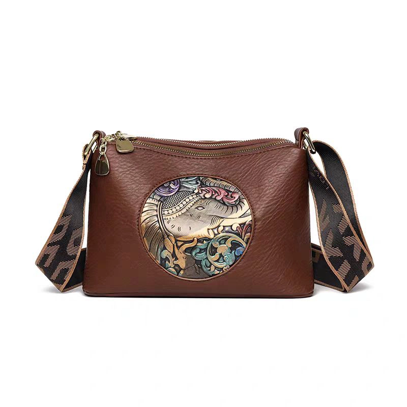 High End Elephant Embossed 3 Zipper Compartment Sling Brown Bag