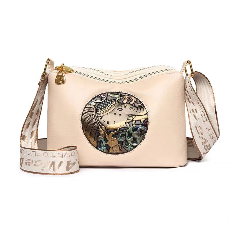 High End Elephant Embossed 3 Zipper Compartment Sling Cream Bag