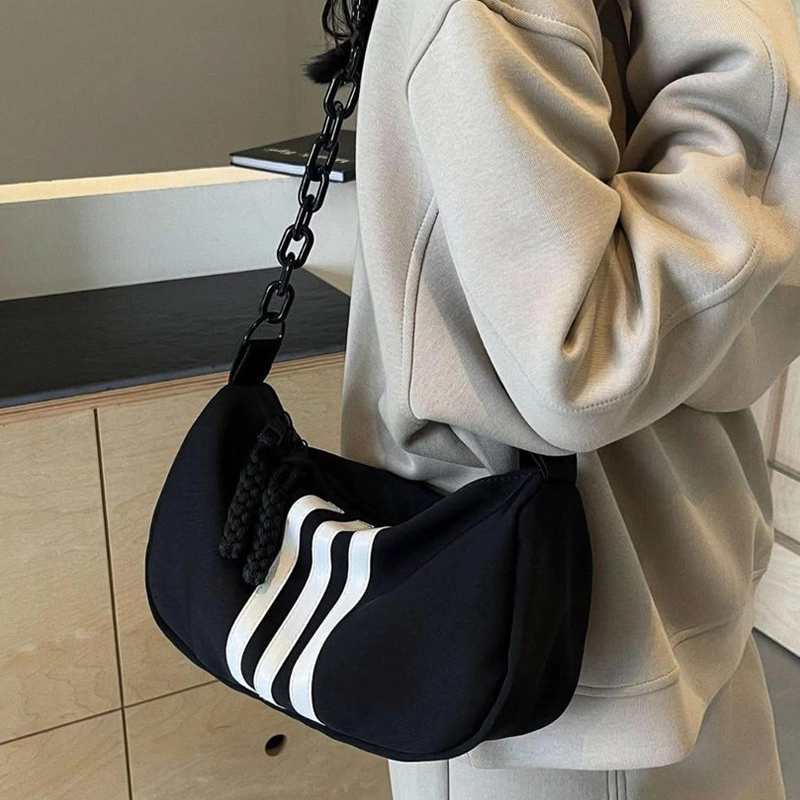Waterproof Striped Casual Shoulder Sling Black Bag