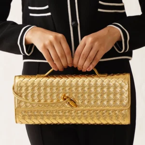 Designer-inspired Andiamo Woven Long Gold Clutch