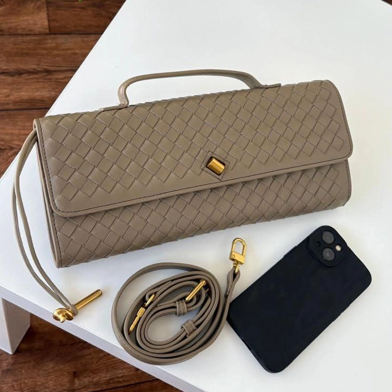 Designer-inspired Andiamo Woven Long Khaki Clutch