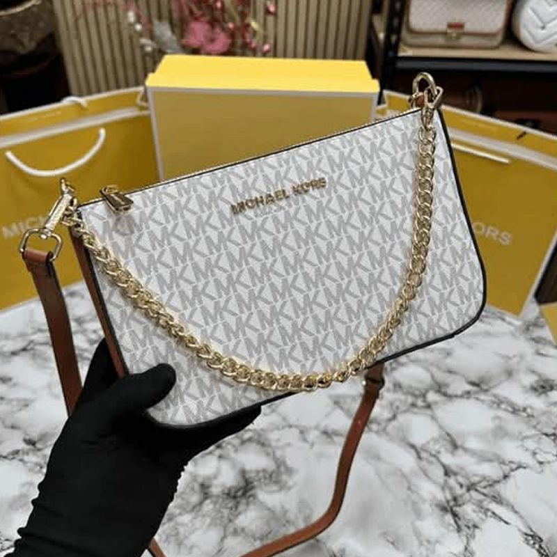 Designer-inspired Jet Set Medium Signature Logo Convertible Crossbody White Tan Bag