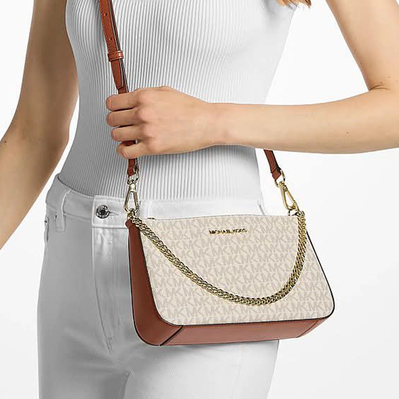 Designer-inspired Jet Set Medium Signature Logo Convertible Crossbody White Tan Handbag