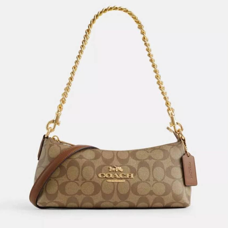 High End Charlotte Signature Chain Strap Shoulder Khaki Bag