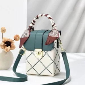 Top Handlle Structured Crossbody Sling Green White Bag