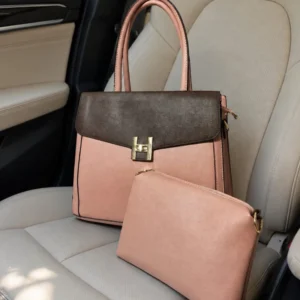 High End Dual Tone Handbag With Pink Coffee Pouch