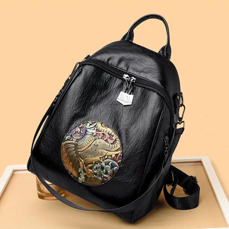 Stylish Black Backpack with Elephant Embossed Print Design