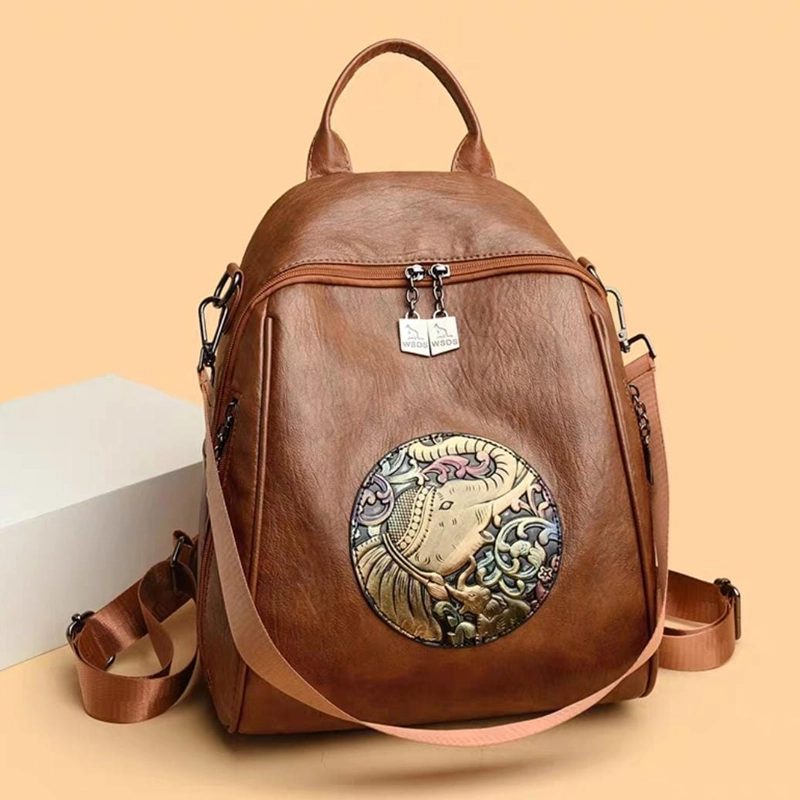 Stylish Brown Backpack with Elephant Embossed Print Design