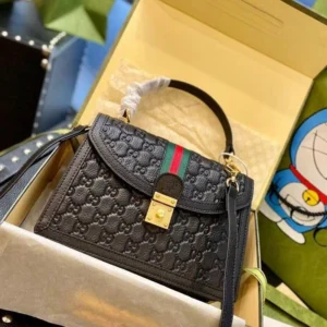 Designer-inspired Ophidia GG Monogram Embossed Top Handle Black Bag